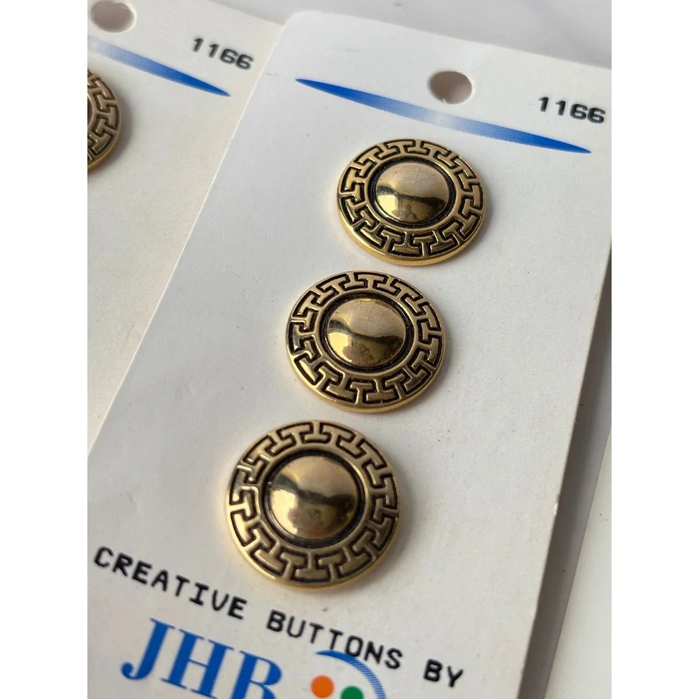 JHB International Greek Key Gold Tone Dome Buttons 9pc Lot 1166 1167 Vintage